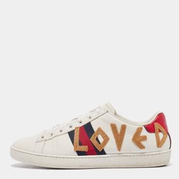 Pre Owned Gucci White Leather Web Ace Lace Up Sneakers Size 38