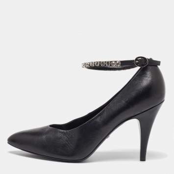 Pre Owned Gucci Black Leather Crystal Embellished Ankle Strap Pumps Size 40