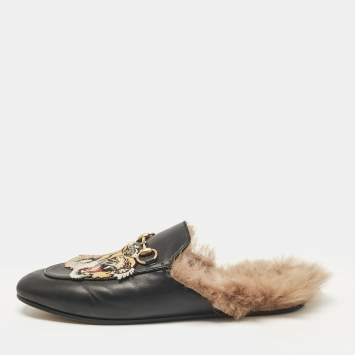 Pre Owned Gucci Black Leather and Fur Tiger Embroidered Princetown Mules Size 39