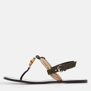 Pre Owned Gucci Green Suede Thong Flat Sandals Size 40.5