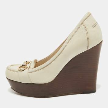 Pre Owned Gucci Cream Leather Wedge Pumps Size 37