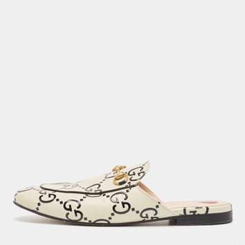 Pre Owned Gucci Cream/Black Leather Ghost Princetown Mules Size 40.5