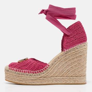 Pre Owned Gucci Pink Knit Fabric GG Marmont Wedge Sandals Size 40