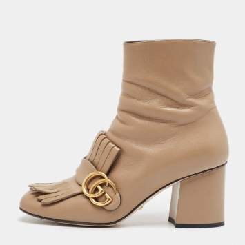 Pre Owned Gucci Brown Leather GG Marmont Fringe Ankle Boots Size 37.5