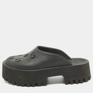 Pre Owned Gucci Black Perforated GG Rubber Platform Mules Size 37