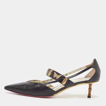Pre Owned Gucci Black Leather Butterfly and Bee Embellished Slingback Pumps Size 42