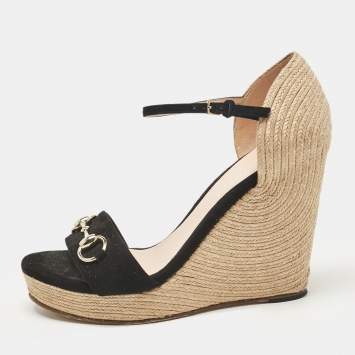 Pre Owned Gucci Black Suede and Raffia Horsebit Wedge Sandals Size 39
