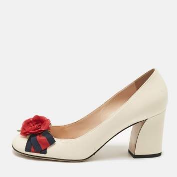 Pre Owned Gucci Cream Leather Block Heel Pumps Size 40