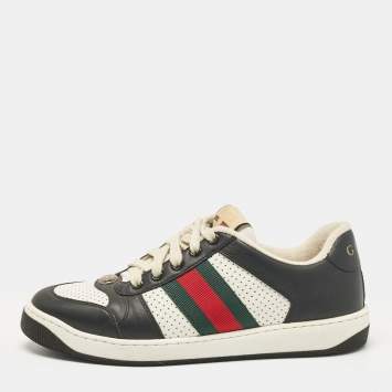 Pre Owned Gucci Black/White Perforated Leather Screener Sneakers Size 38.5