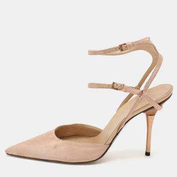 Pre Owned Gucci Beige Satin Pointed Toe Ankle Strap Sandals Size 37.5