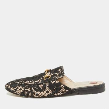 Pre Owned Gucci Black/Beige Lace and Leather Princetown Flat Mules Size 39.5