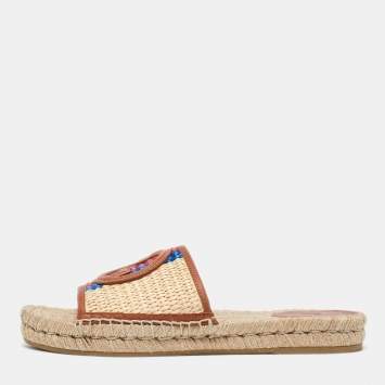 Pre Owned Gucci Beige/Brown Raffia and Leather Interlocking G Espadrille Slide Sandals Size 39