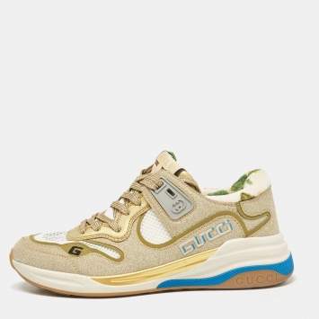 Pre Owned Gucci Metallic Glitter and Mesh Screener Lace Up Sneakers Size 36.5