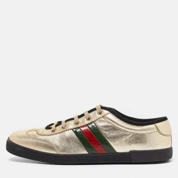 Pre Owned Gucci Gold Leather Web Low Top Sneakers Size 38.5