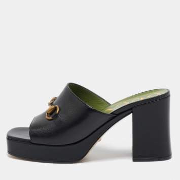 Pre Owned Gucci Black Leather Horsebit Slide Sandals Size 38