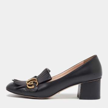 Pre Owned Gucci Black Leather Marmont GG Fringe Detail Block Heel Pumps Size 41