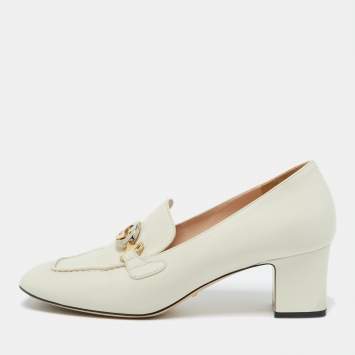 Pre Owned Gucci White Leather Zumi GG Loafer Block Heel Pumps Size 41