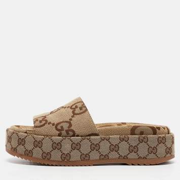 Pre Owned Gucci Beige Jumbo GG Canvas Platform Slides Size 38