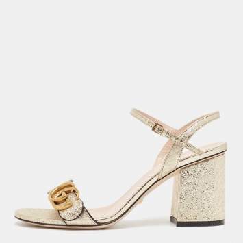 Pre Owned Gucci Metallic Gold Crinkled Leather GG Marmont Ankle Strap Sandals Size 37