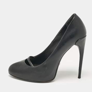 Pre Owned Gucci Black Leather Round Toe Slip On Pumps Size 36.5