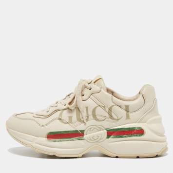 Pre Owned Gucci Cream Leather Rhyton Lace Up Sneakers Size 37.5