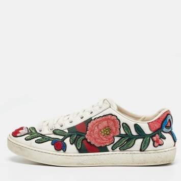 Pre Owned Gucci White Leather Floral Embroidered Ace Sneakers Size 37
