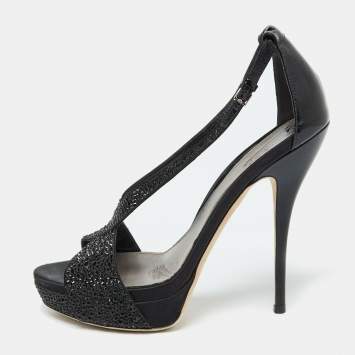 Pre Owned Gucci Black Satin and Patent Leather Crystal Embellished Platform Sandals Size 39