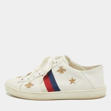Pre Owned Gucci White Leather Ace Lace Up Sneakers Size 38