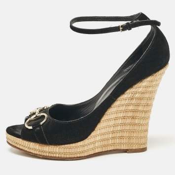 Pre Owned Gucci Black Suede Wedge Pumps Size 38