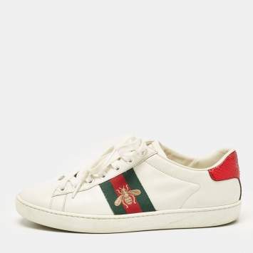 Pre Owned Gucci White Leather Bee Embroidered Ace Sneakers Size 36