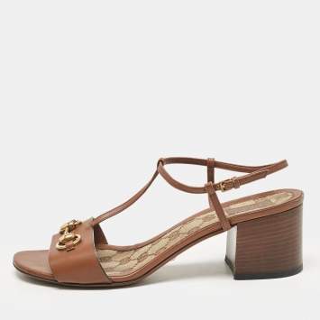 Pre Owned Gucci Brown Leather Horsebit T-Bar Ankle Strap Sandals Size 40