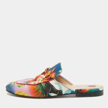 Pre Owned Gucci Multicolor Floral Fabric Princetown Flat Mules Size 39.5