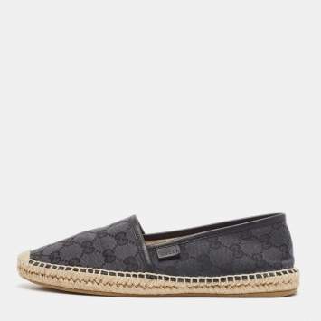 Pre Owned Gucci Black GG Canvas and Leather Espadrille Flats Size 38