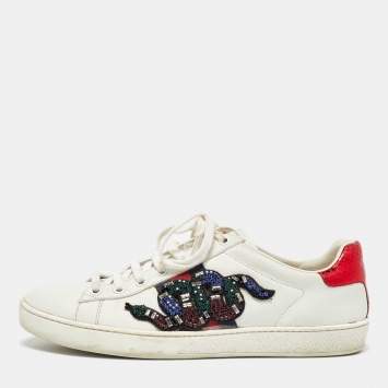 Pre Owned Gucci White Leather Snake Crystal Embellished Ace Low Top Sneakers Size 38.5