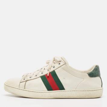 Pre Owned Gucci White/Green Alligator and Leather Ace Lace Up Sneakers Size 37