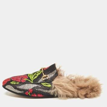 Pre Owned Gucci Black Floral Brocade Fabric and Fur Lined Princetown Flat Mules Size 39