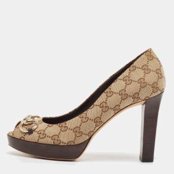 Pre Owned Gucci Beige/Brown GG Canvas Horsebit Peep Toe Platform Pumps Size 39