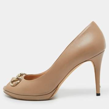 Pre Owned Gucci Beige Leather New Hollywood Horsebit Peep Toe Pumps Size 41