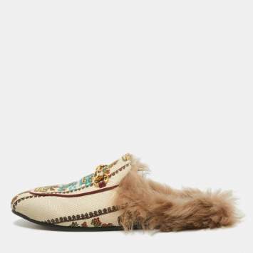 Pre Owned Gucci Beige Canvas Printed Fur Princetown Flat Mules Size 38