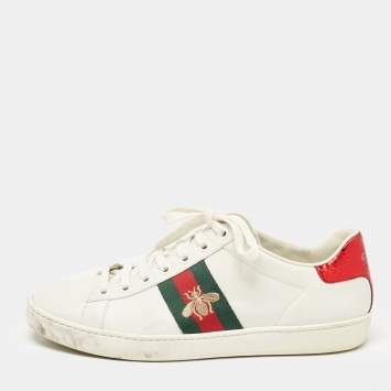 Pre Owned Gucci White Leather Bee Embroidered Ace Low Top Sneakers Size 37.5