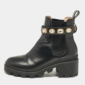 Pre Owned Gucci Black Leather GG Crystal Embellished Ankle Length Boots Size 38.5