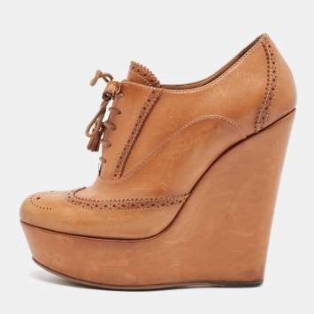 Pre Owned Gucci Brown Leather Wedge Booties Size 38.5