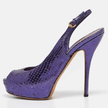 Pre Owned Gucci Purple Python Leather Peep Toe slingback Pumps Size 37