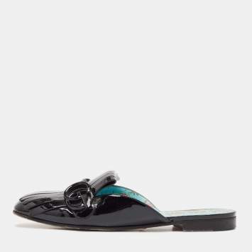Pre Owned Gucci Black Patent Leather GG Marmont Mules Size 37.5