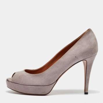 Pre Owned Gucci Light Grey Suede Peep Toe Platform Pumps Size 39