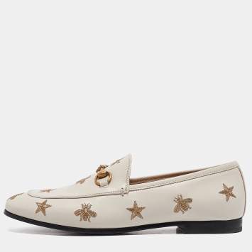 Pre Owned Gucci White Bee & Star Embroidered Leather Jordaan Loafers Size 38