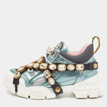 Pre Owned Gucci Tricolor Leather and Mesh Flashtrek Reflective Lace Up Sneakers 37.5