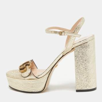 Pre Owned Gucci Gold Texture Leather GG Marmont Ankle Strap Sandals Size 37.5