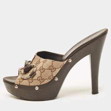 Pre Owned Gucci Brown/Beige GG Canvas Icon Bit Platform Slide Sandals Size 40.5