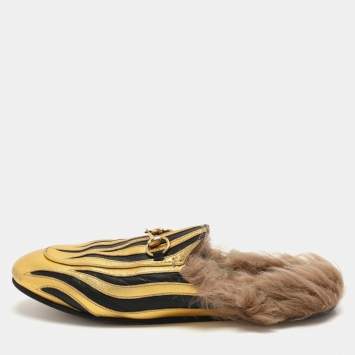 Pre Owned Gucci Gold/Black Leather Princetown Fur Lined Horsebit Mules Size 38